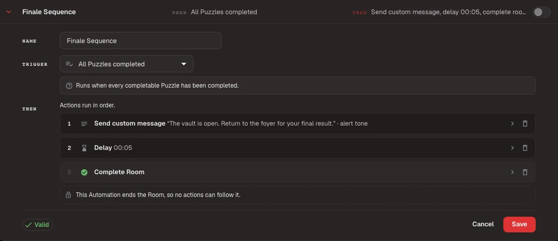 Room Automation editor for Finale Sequence with an All Puzzles completed Trigger and three ordered Actions