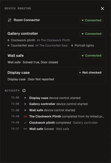 Device Monitor during a game: Room Connector connected, three Devices with their props, and Activity showing The Clockwork Plinth completed from its linked prop