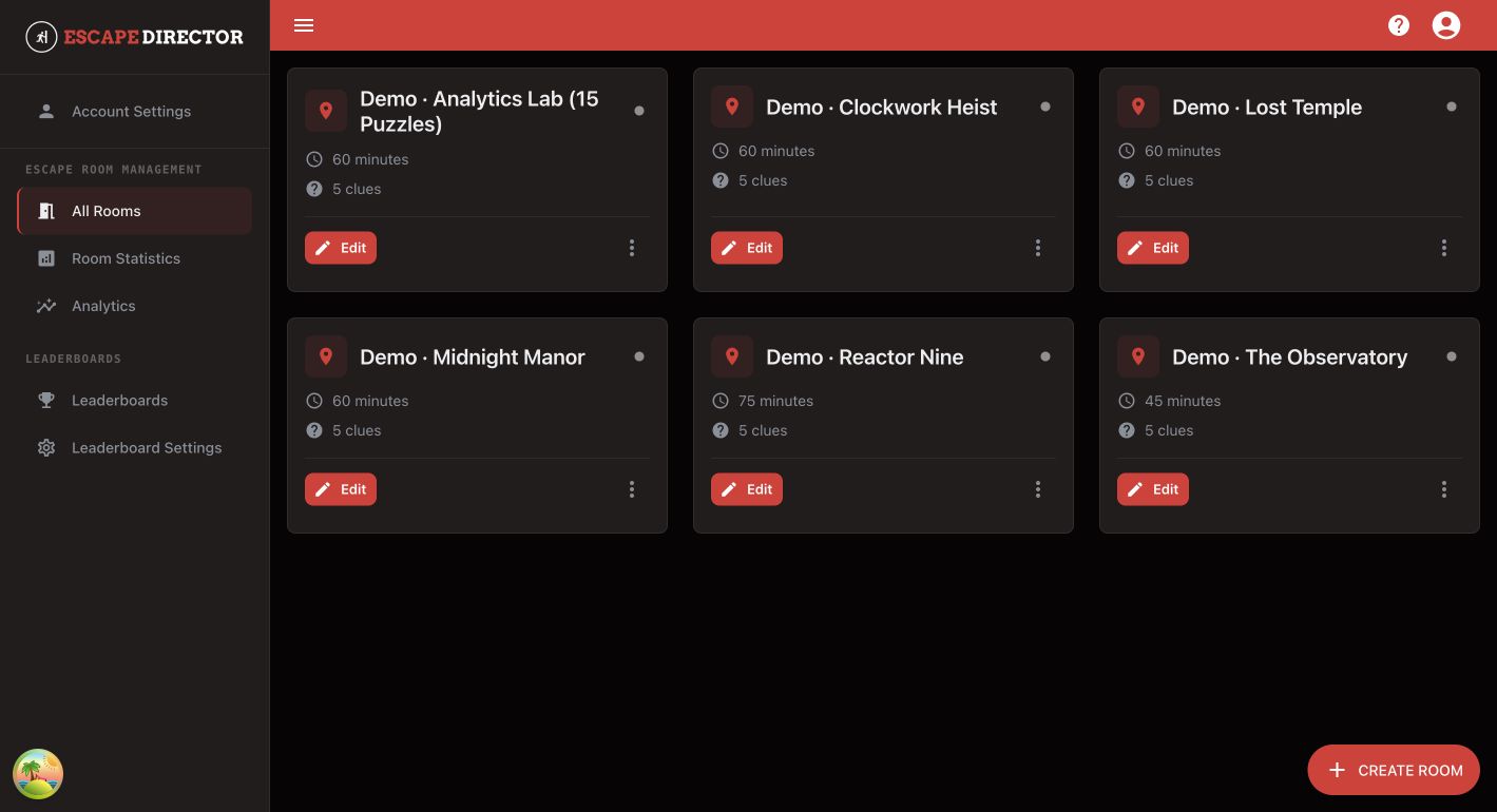Escape Director All Rooms page showing fictional demo Rooms