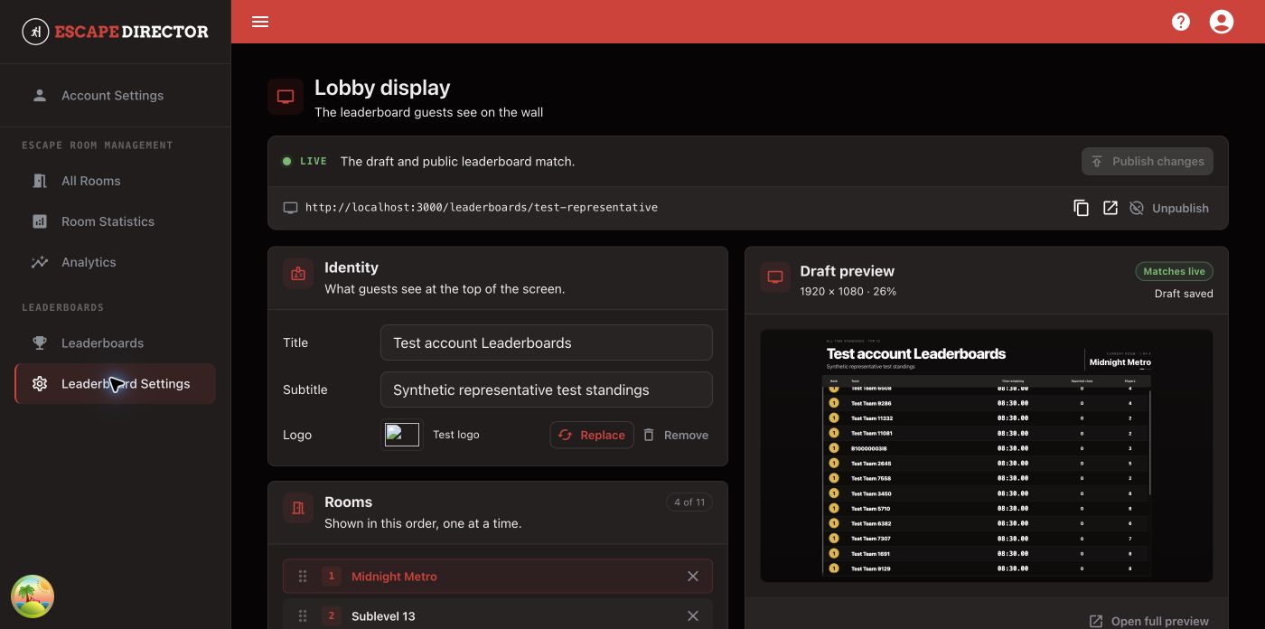 Leaderboard Settings showing live publication status, Identity and Rooms controls, and a 1920 by 1080 Draft preview